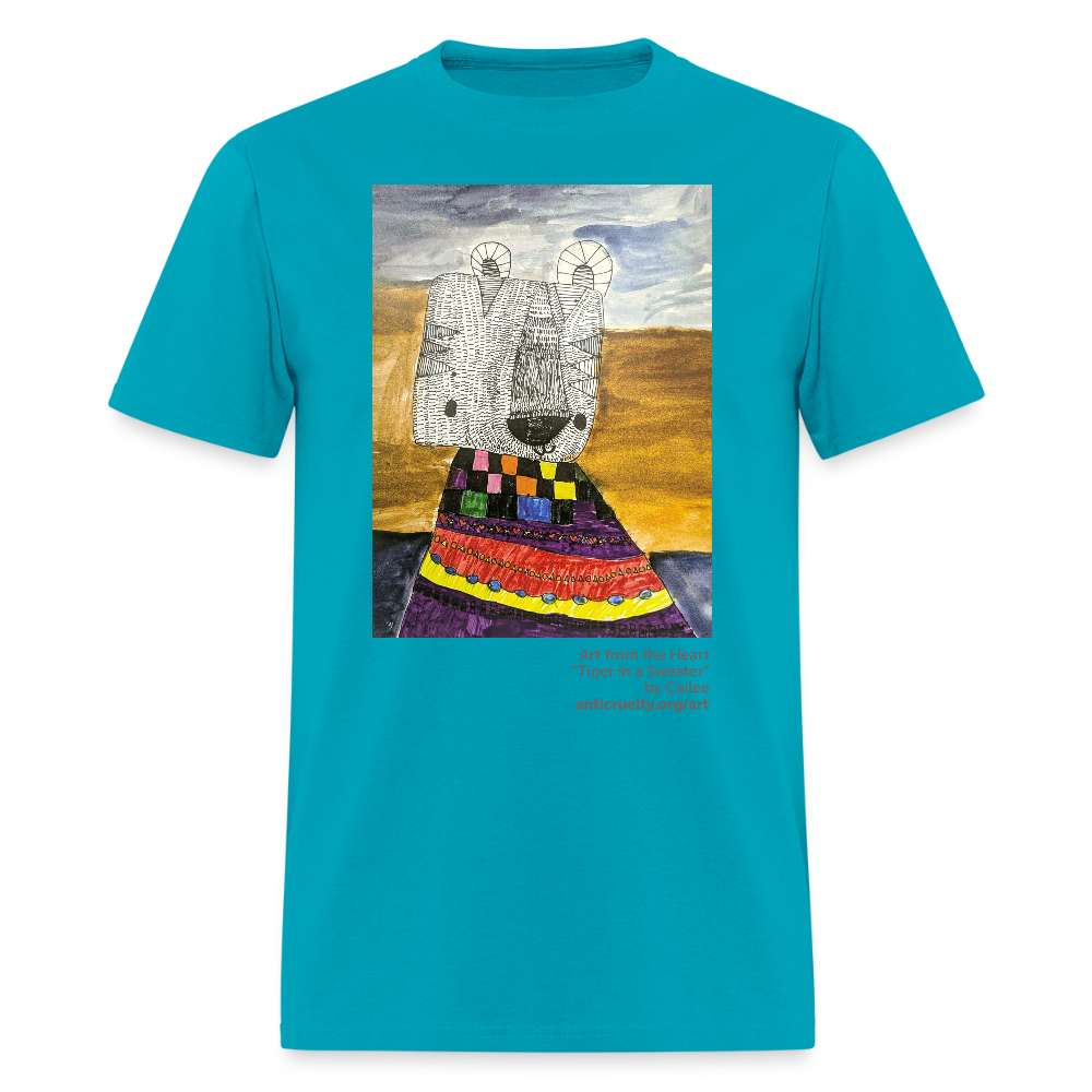 "Tiger In A Sweater" Art From The Heart Adult T-Shirt - turquoise