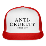 Load image into Gallery viewer, Anti-Cruelty 40's Logo Trucker Hat - white/red
