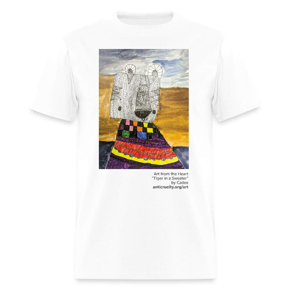 "Tiger In A Sweater" Art From The Heart Adult T-Shirt - white