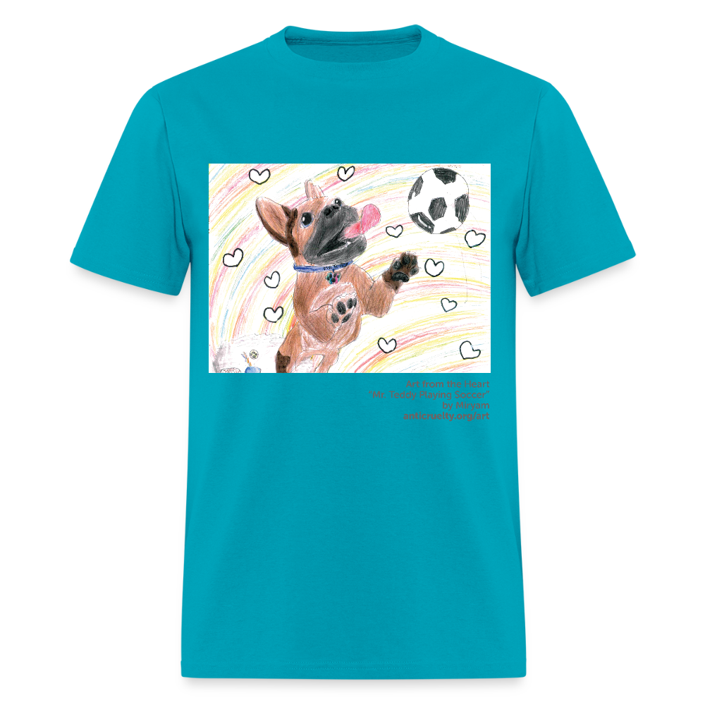 "Mr. Teddy Playing Soccer" Art From The Heart Shirt - turquoise