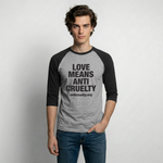 Load image into Gallery viewer, Love Means Anti-Cruelty Baseball T-Shirt - heather gray/black
