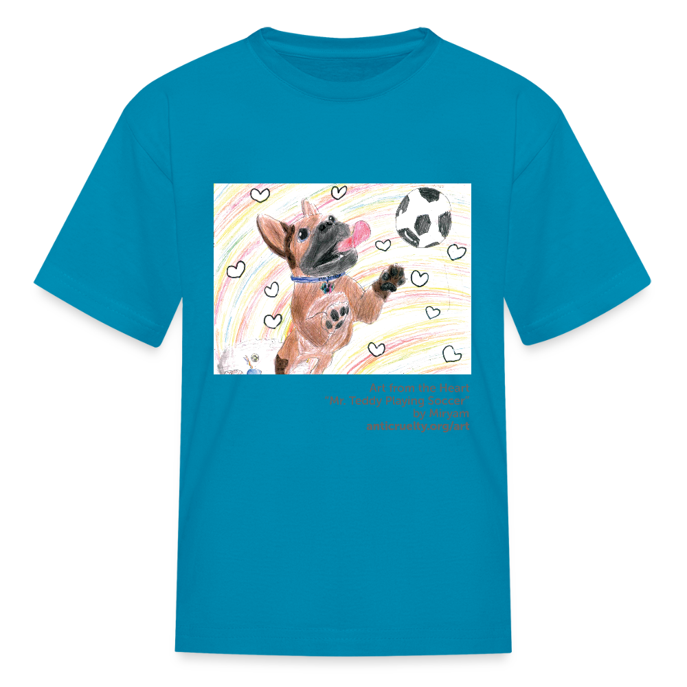 "Mr. Teddy Playing Soccer" Art From The Heart Kids' T-Shirt - turquoise