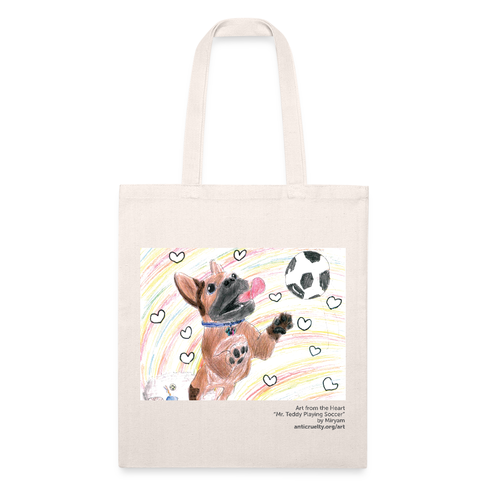 "Mr. Teddy Playing Soccer" Art From The Heart Recycled Tote Bag - natural