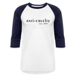 Load image into Gallery viewer, Anti-Cruelty 70's Retro Logo Baseball T-Shirt - white/navy
