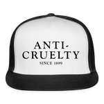 Load image into Gallery viewer, Anti-Cruelty 40's Logo Trucker Hat - white/black
